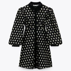 NWT ZARA Metallic Gold Thread Black Shirt Dress